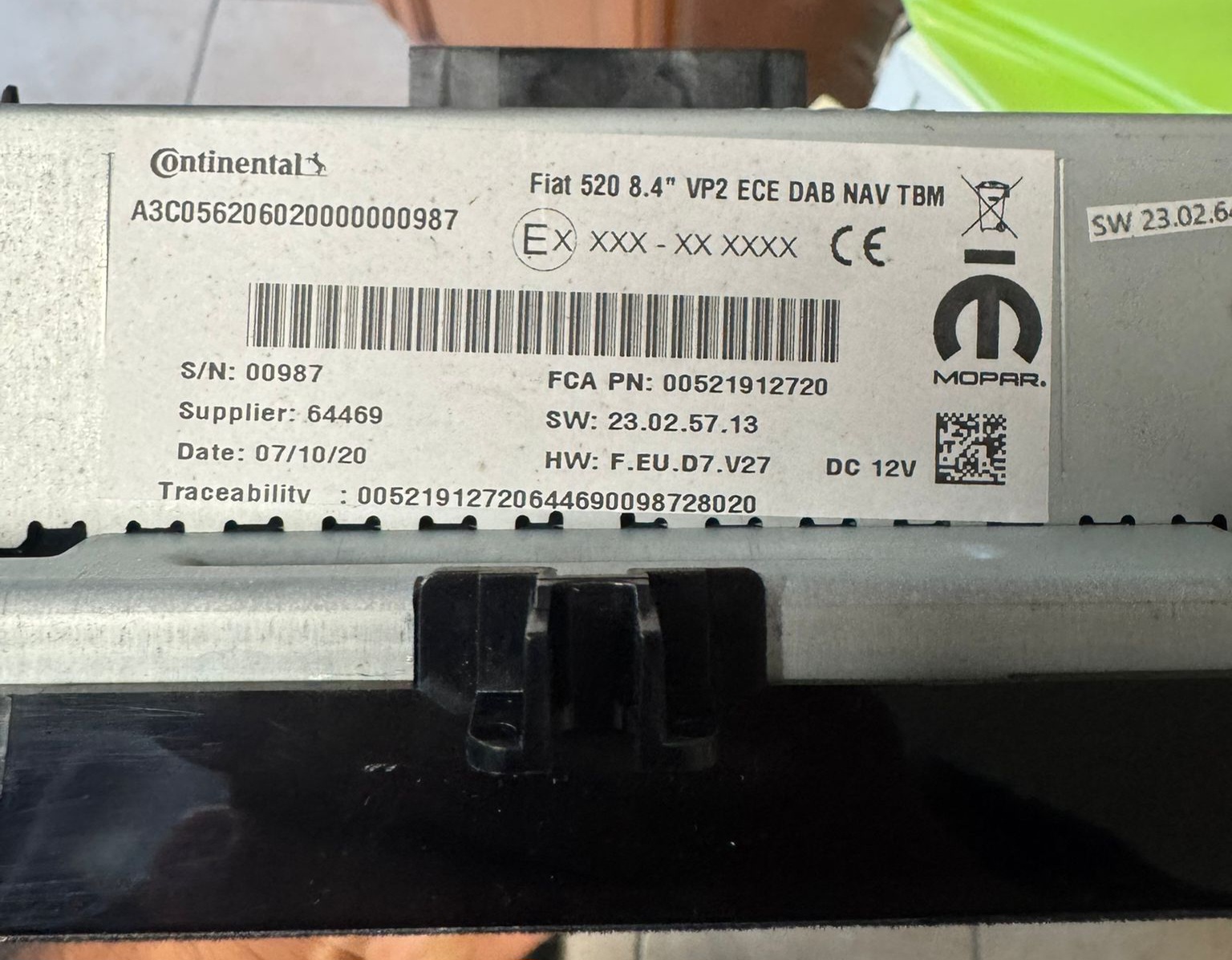 Continental radio label with the A3C serial number barcode